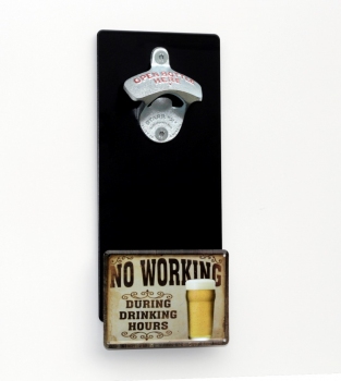 Magnetischer Wand-Flaschenöffner / orig. STARR-X-Wandflaschenöffner (USA) mit Magnet-Falle/Fang + Blechschild "NO WORK", *MONTAGEFREI*