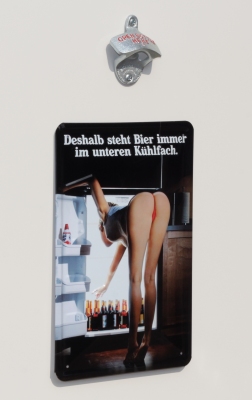 Flaschenöffner für Wand-Montage / Bier-Öffner mit Magnet - Falle / Magnet-Fang + Blechschild 